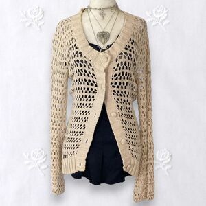 Early 2000's Cream Tan Cotton Blend Button Up Knit Crochet Cardigan M